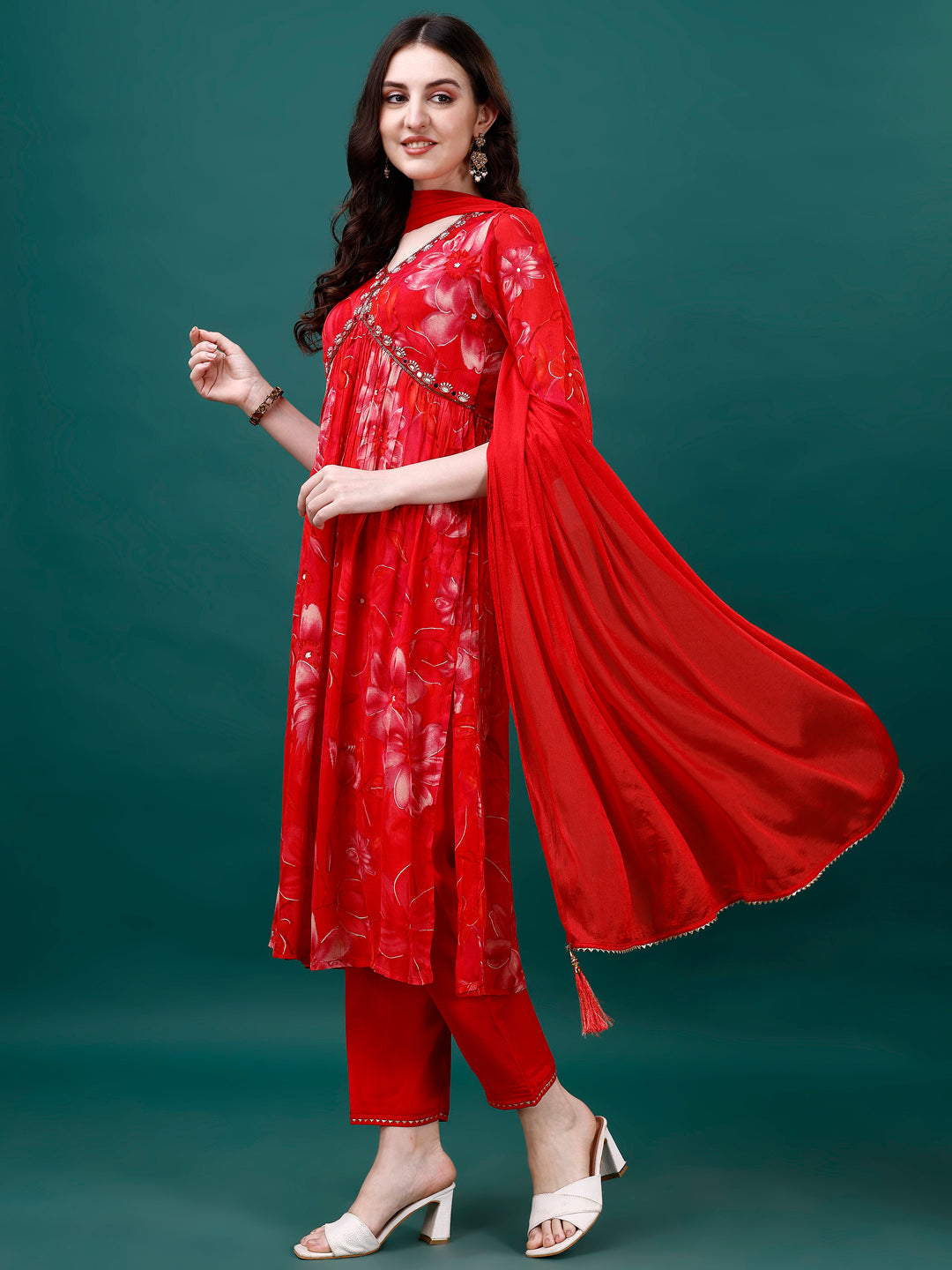 Alia Cut Hand Embroidered & Printed Pure Chinon Kurat With Pant & Dupatta, Multicolor - Hiral Fashion