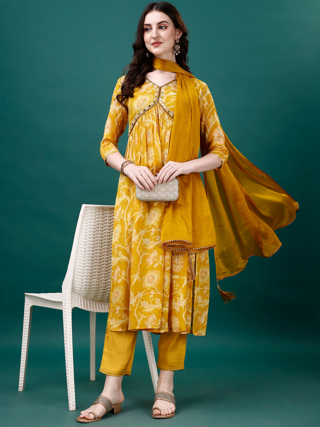 Alia Cut Hand Embroidered & Printed Pure Chinon Kurat With Pant & Dupatta, Multicolor - Hiral Fashion
