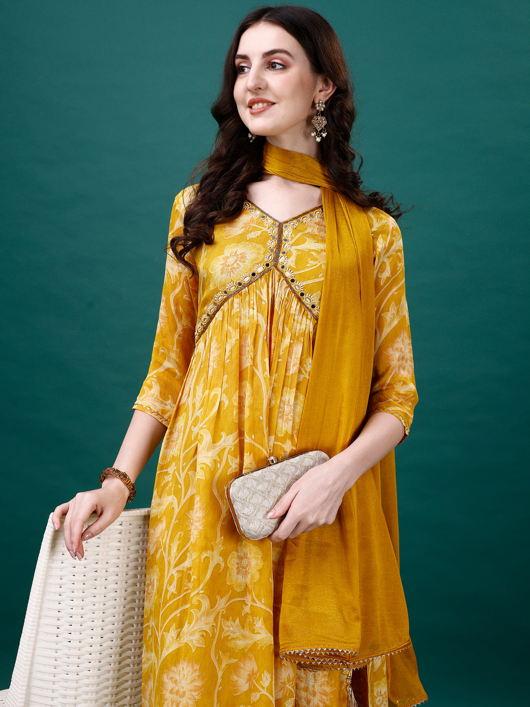 Alia Cut Hand Embroidered & Printed Pure Chinon Kurat With Pant & Dupatta, Multicolor - Hiral Fashion