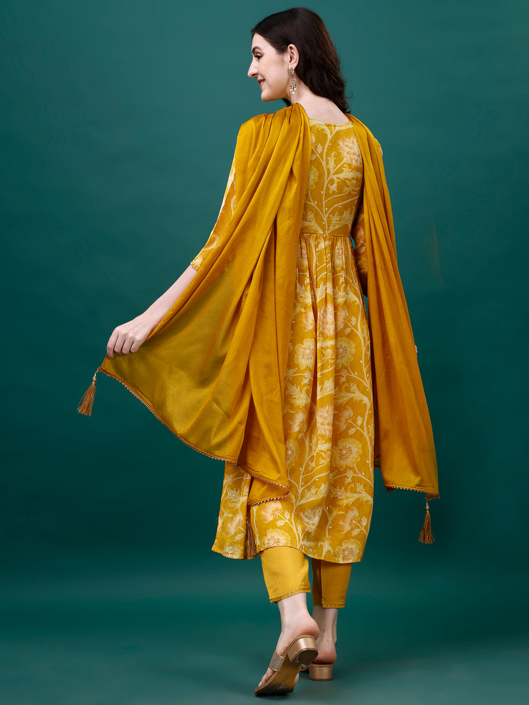 Alia Cut Hand Embroidered & Printed Pure Chinon Kurat With Pant & Dupatta, Multicolor - Hiral Fashion