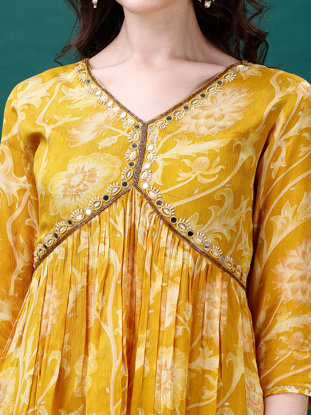Alia Cut Hand Embroidered & Printed Pure Chinon Kurat With Pant & Dupatta, Multicolor - Hiral Fashion