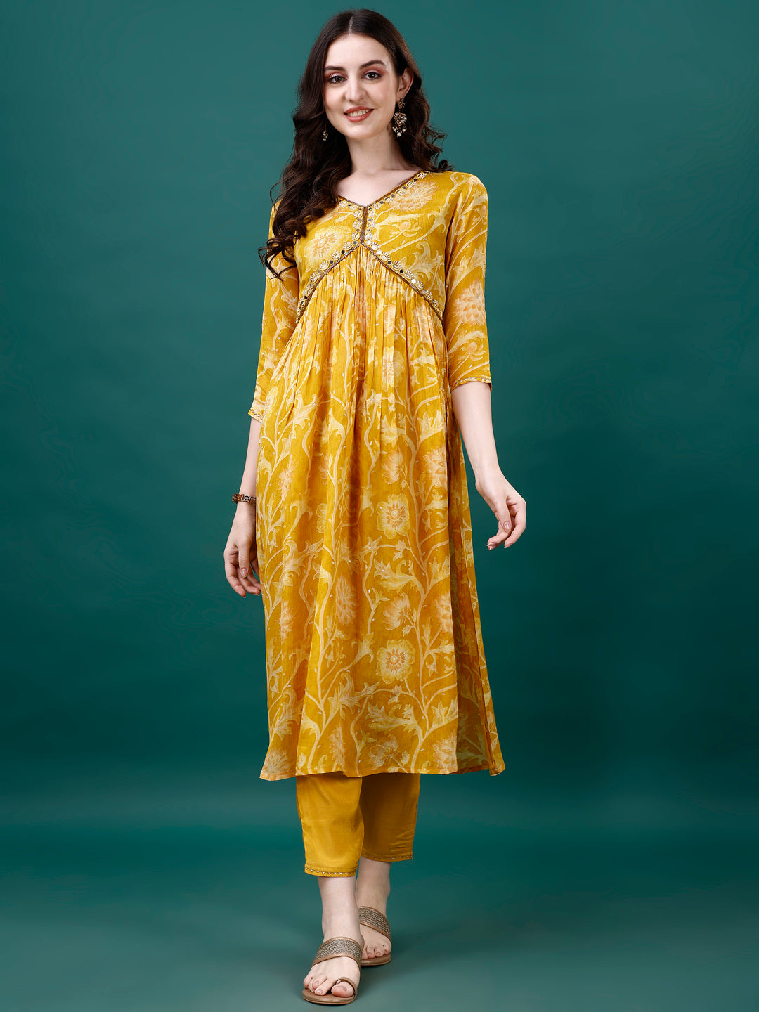 Alia Cut Hand Embroidered & Printed Pure Chinon Kurat With Pant & Dupatta, Multicolor - Hiral Fashion