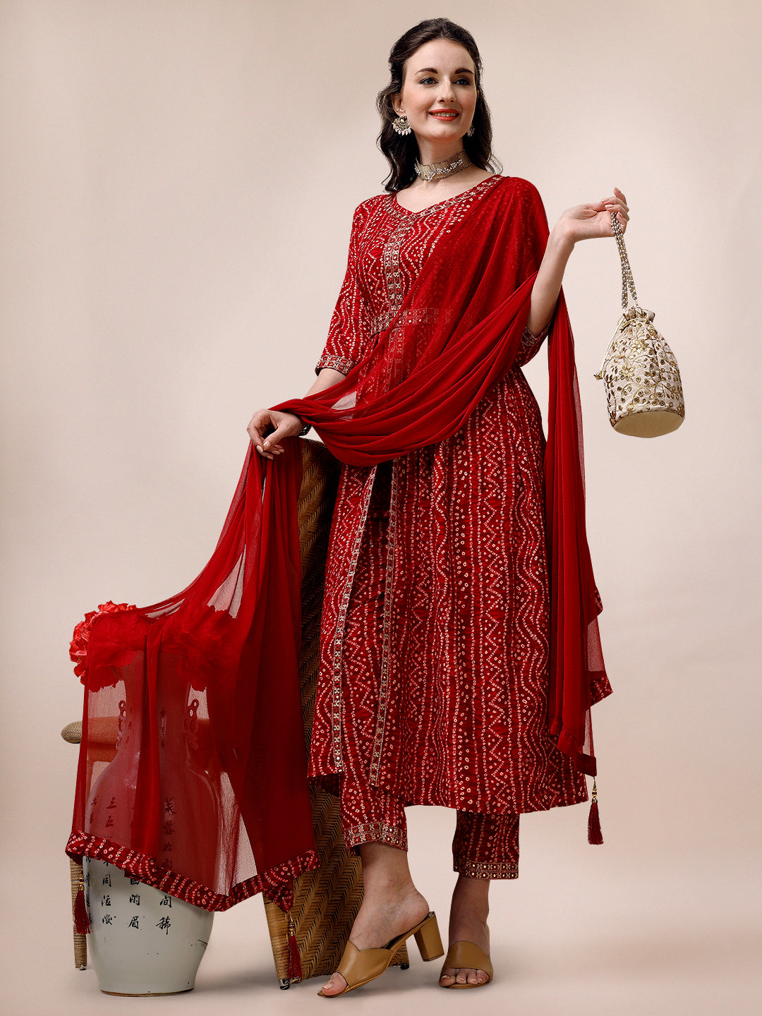 Bandhani Printed & Embroidered Front Slit Kurta,Pant,Dupatta & Belt Set, Multicolor - Hiral Fashion