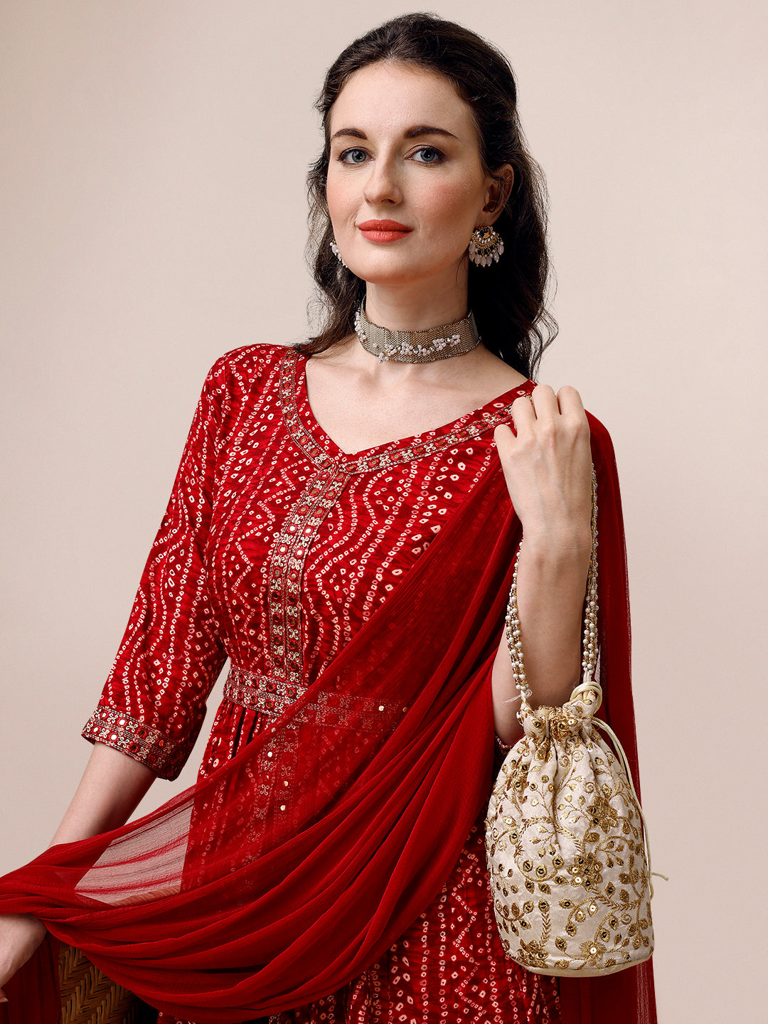 Bandhani Printed & Embroidered Front Slit Kurta,Pant,Dupatta & Belt Set, Multicolor - Hiral Fashion