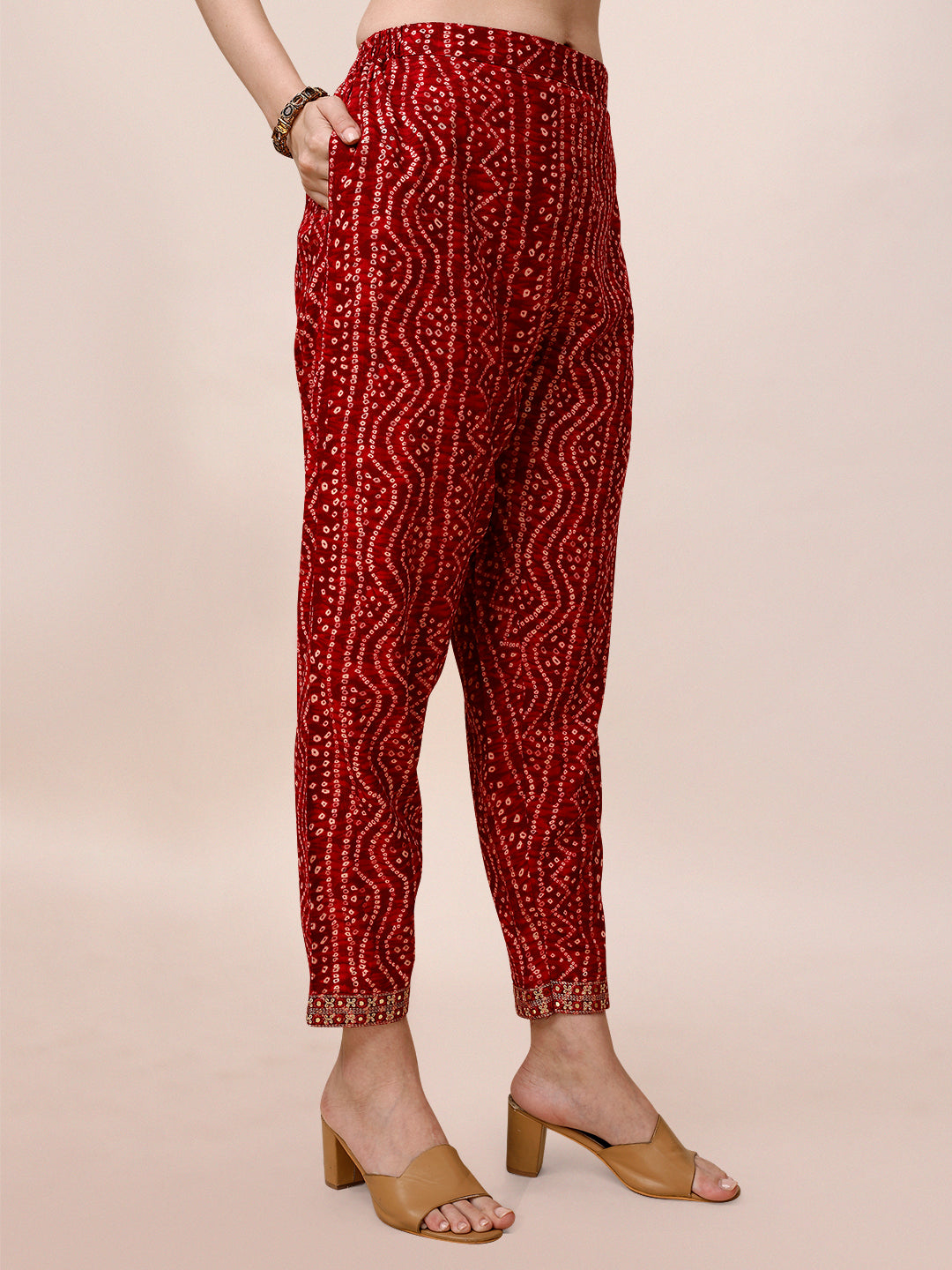 Bandhani Printed & Embroidered Front Slit Kurta,Pant,Dupatta & Belt Set, Multicolor - Hiral Fashion