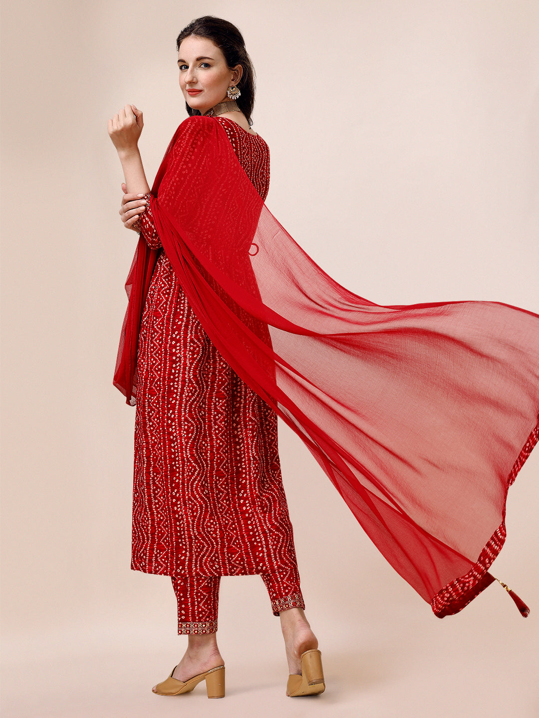Bandhani Printed & Embroidered Front Slit Kurta,Pant,Dupatta & Belt Set, Multicolor - Hiral Fashion