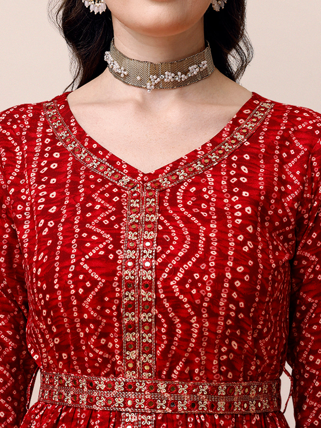 Bandhani Printed & Embroidered Front Slit Kurta,Pant,Dupatta & Belt Set, Multicolor - Hiral Fashion