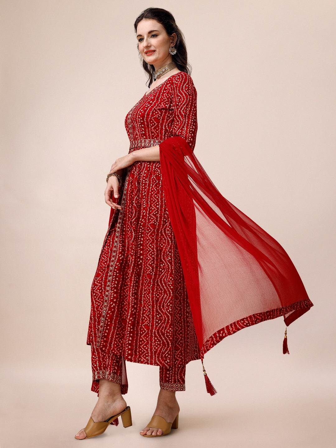 Bandhani Printed & Embroidered Front Slit Kurta,Pant,Dupatta & Belt Set, Multicolor - Hiral Fashion