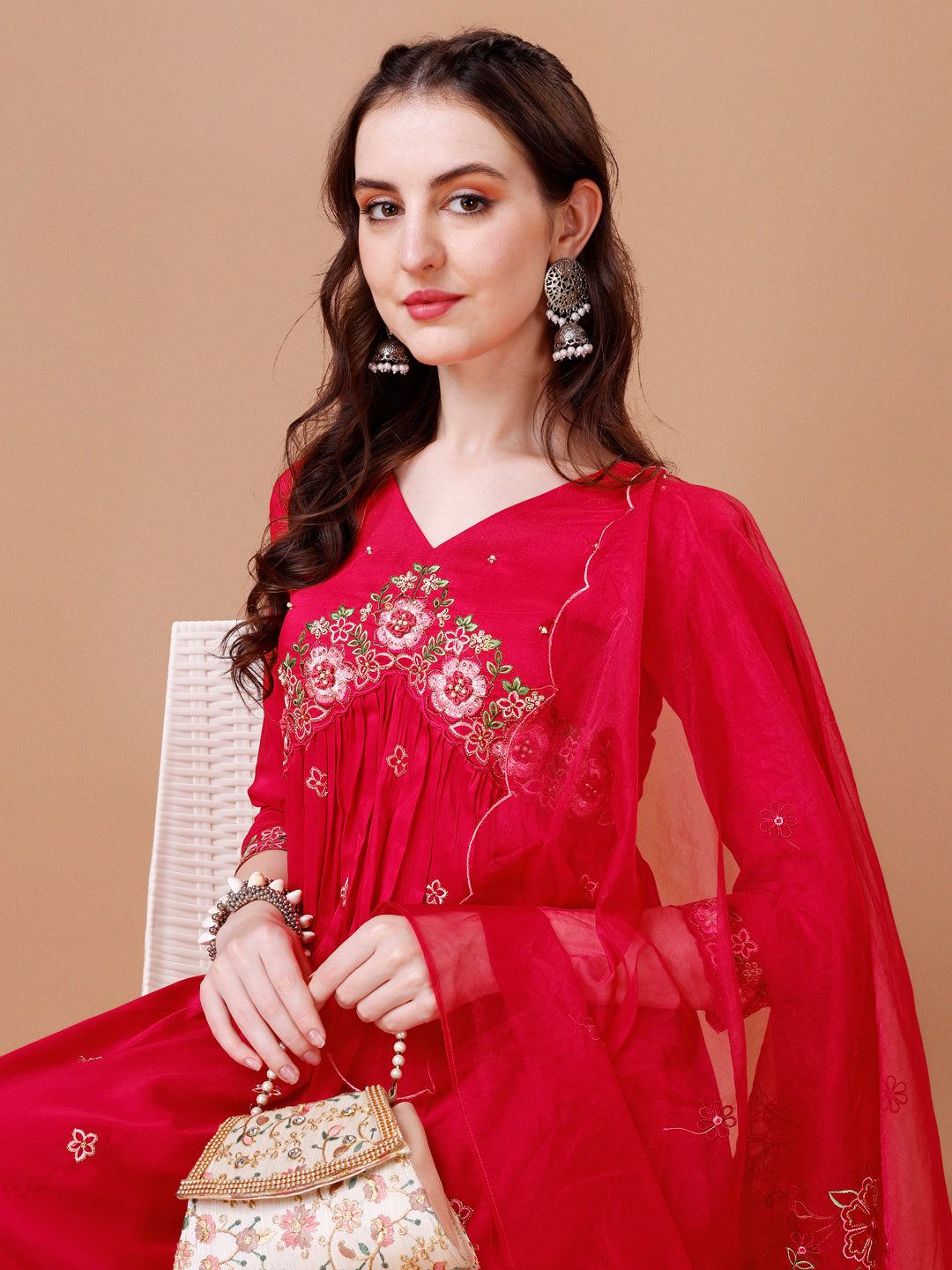 Alia Cut Embroidered Kurta With Pant & Organza Embroidered Dupatta Premium, Multicolor - Hiral Fashion