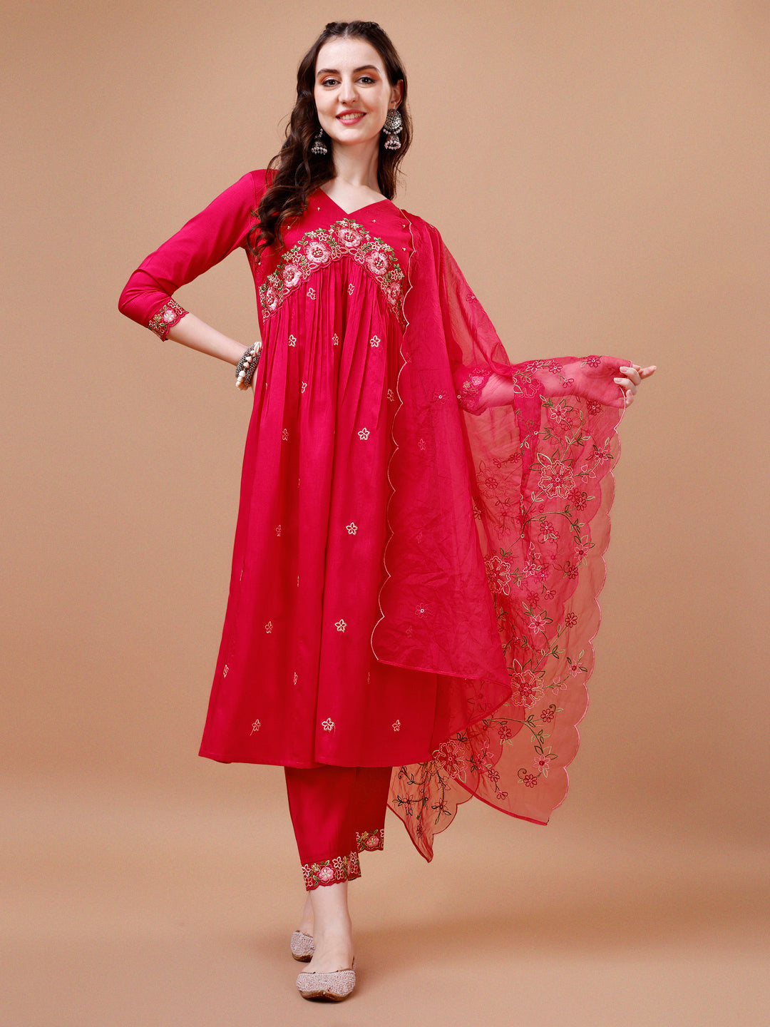 Alia Cut Embroidered Kurta With Pant & Organza Embroidered Dupatta Premium, Multicolor - Hiral Fashion