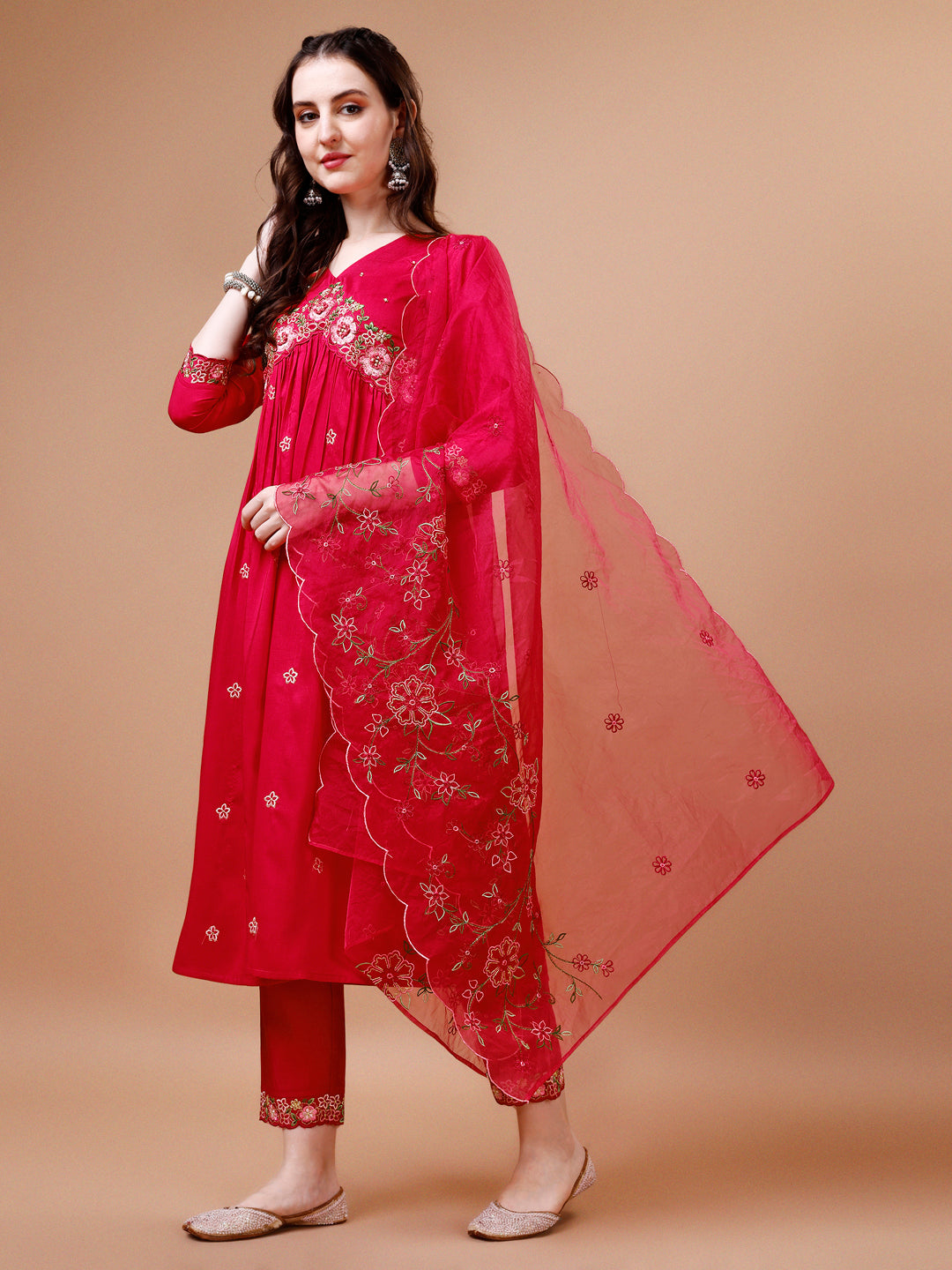 Alia Cut Embroidered Kurta With Pant & Organza Embroidered Dupatta Premium, Multicolor - Hiral Fashion