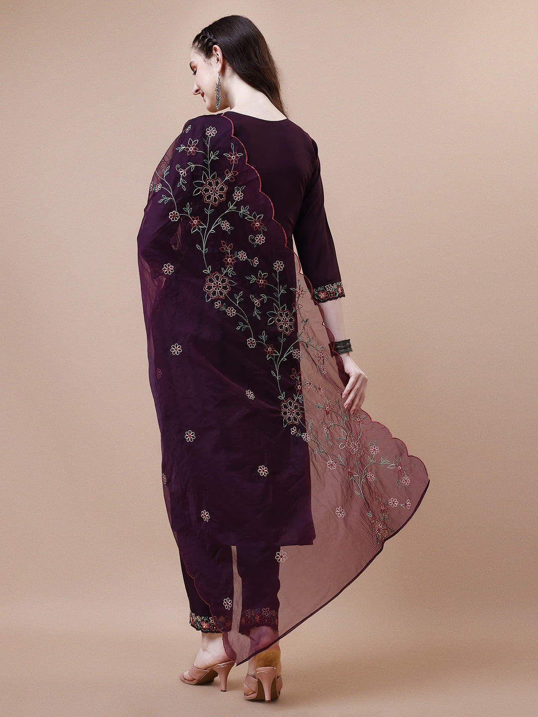 Alia Cut Embroidered Kurta With Pant & Organza Embroidered Dupatta Premium, Multicolor - Hiral Fashion