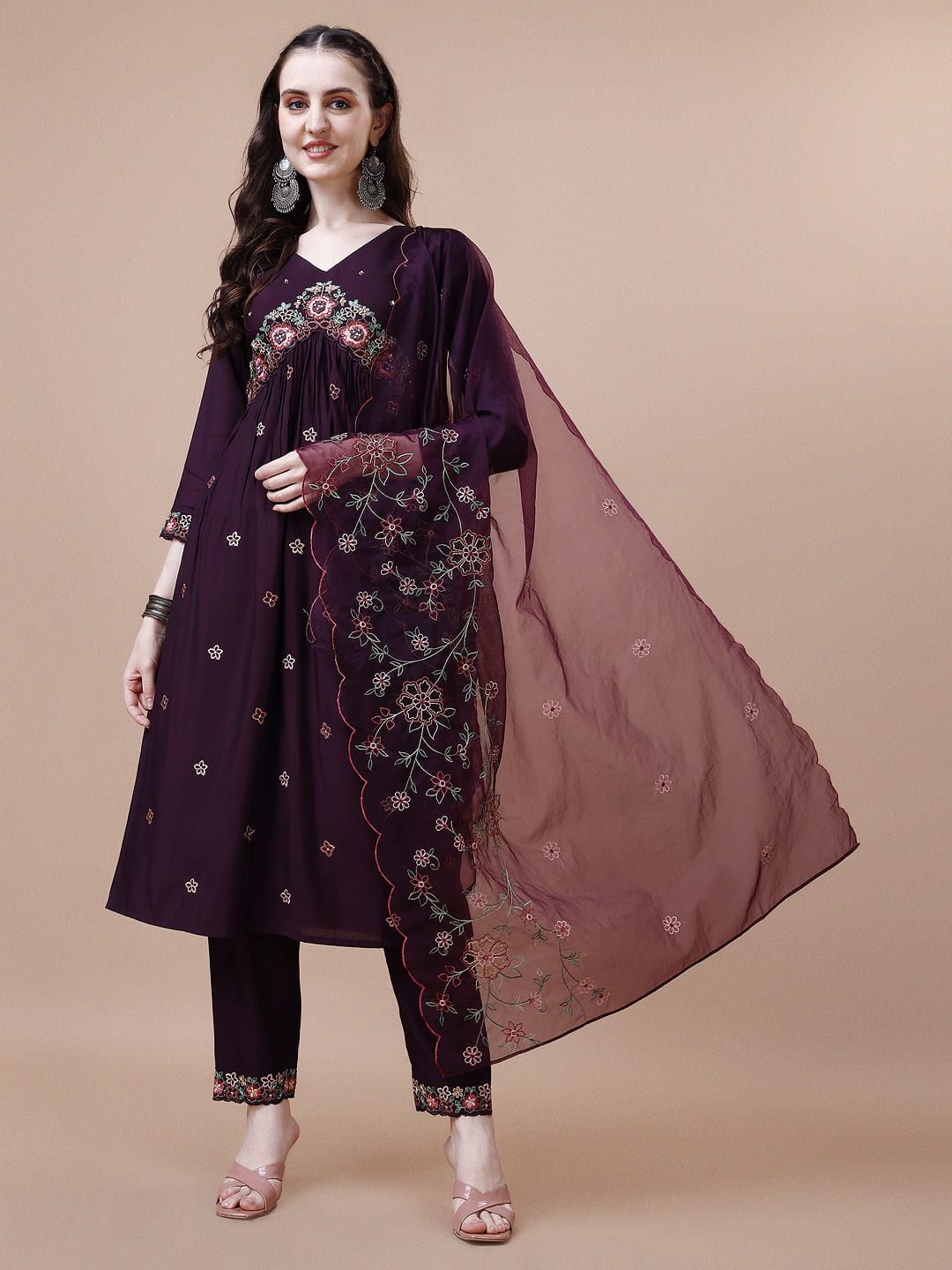 Alia Cut Embroidered Kurta With Pant & Organza Embroidered Dupatta Premium, Multicolor - Hiral Fashion