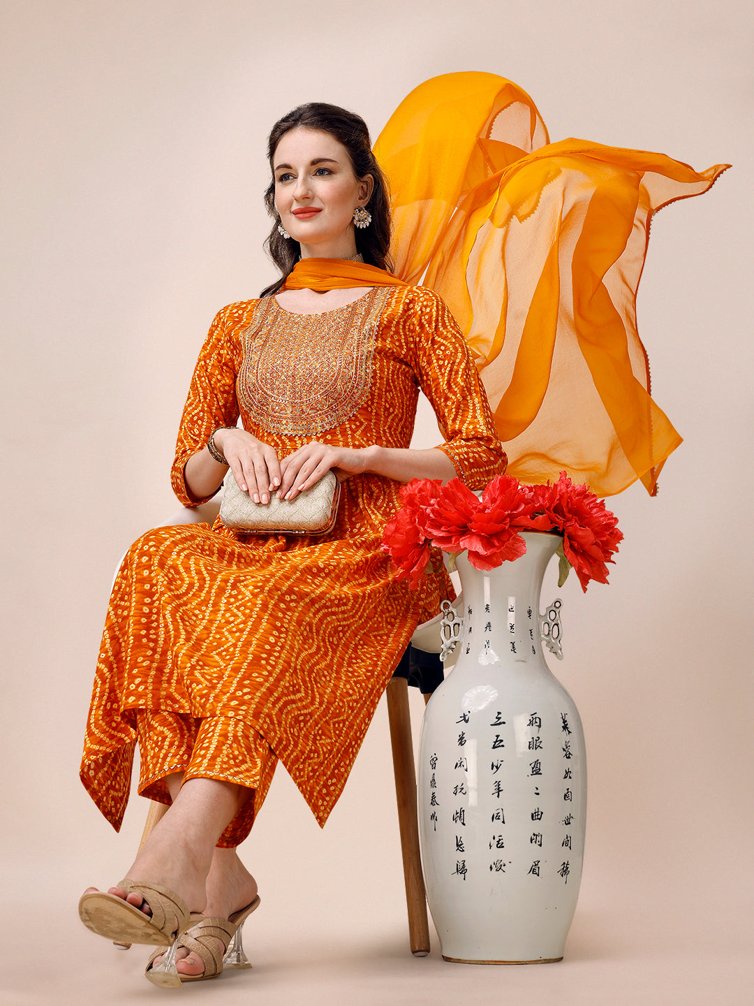 Bandhani Printed & Embroidered Kurta With Pant & Dupatta Set, Multicolor - Hiral Fashion