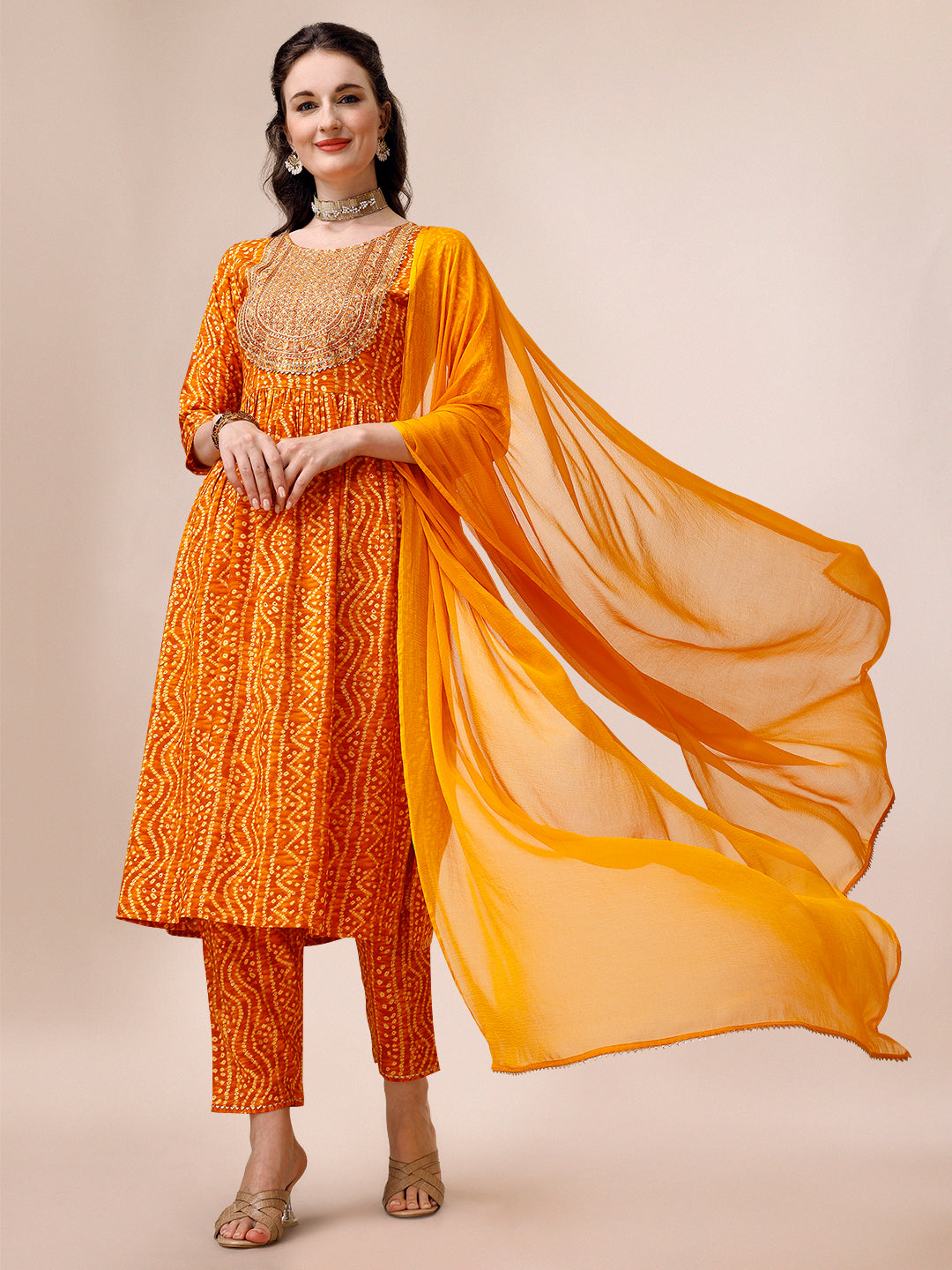 Bandhani Printed & Embroidered Kurta With Pant & Dupatta Set, Multicolor - Hiral Fashion