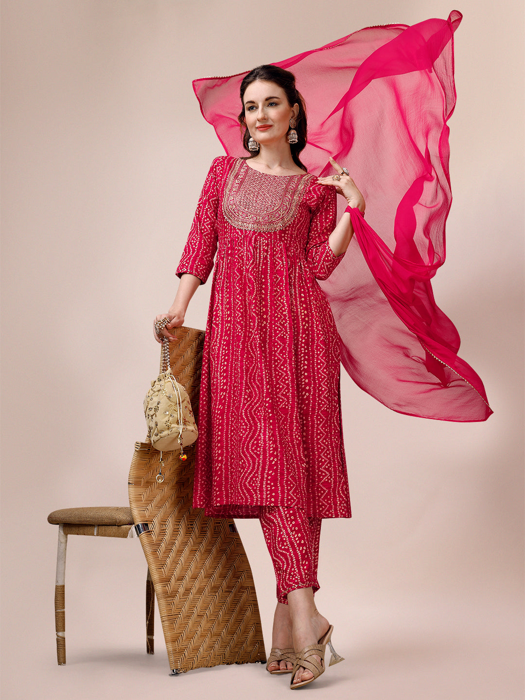 Bandhani Printed & Embroidered Kurta With Pant & Dupatta Set, Multicolor - Hiral Fashion