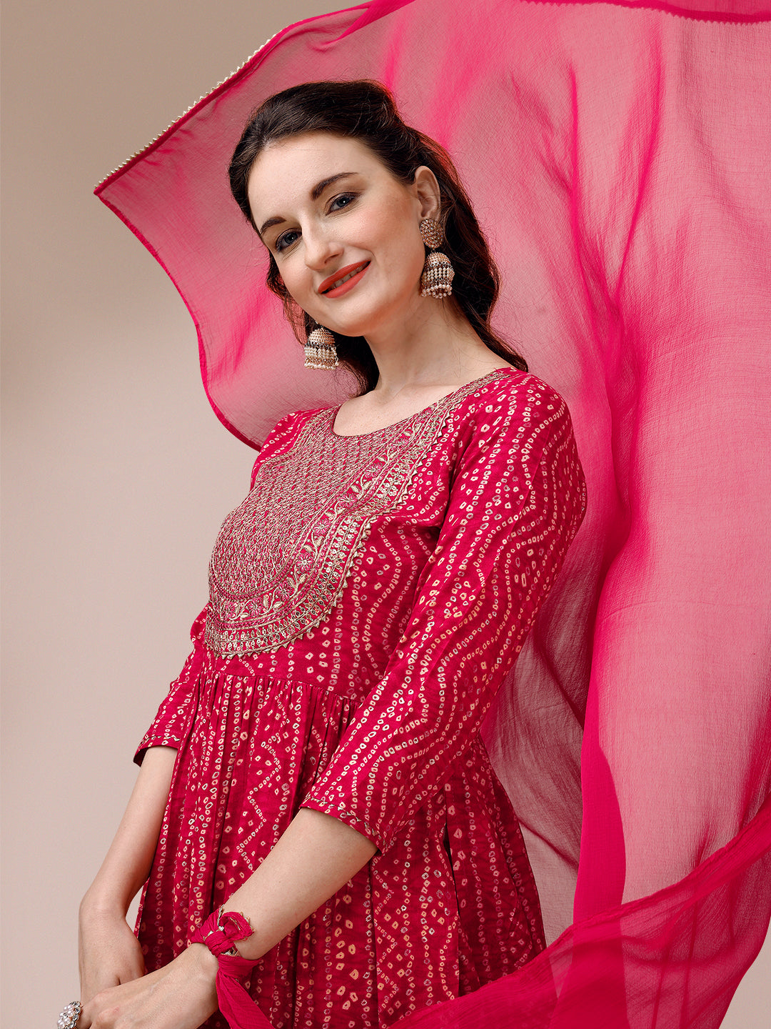 Bandhani Printed & Embroidered Kurta With Pant & Dupatta Set, Multicolor - Hiral Fashion