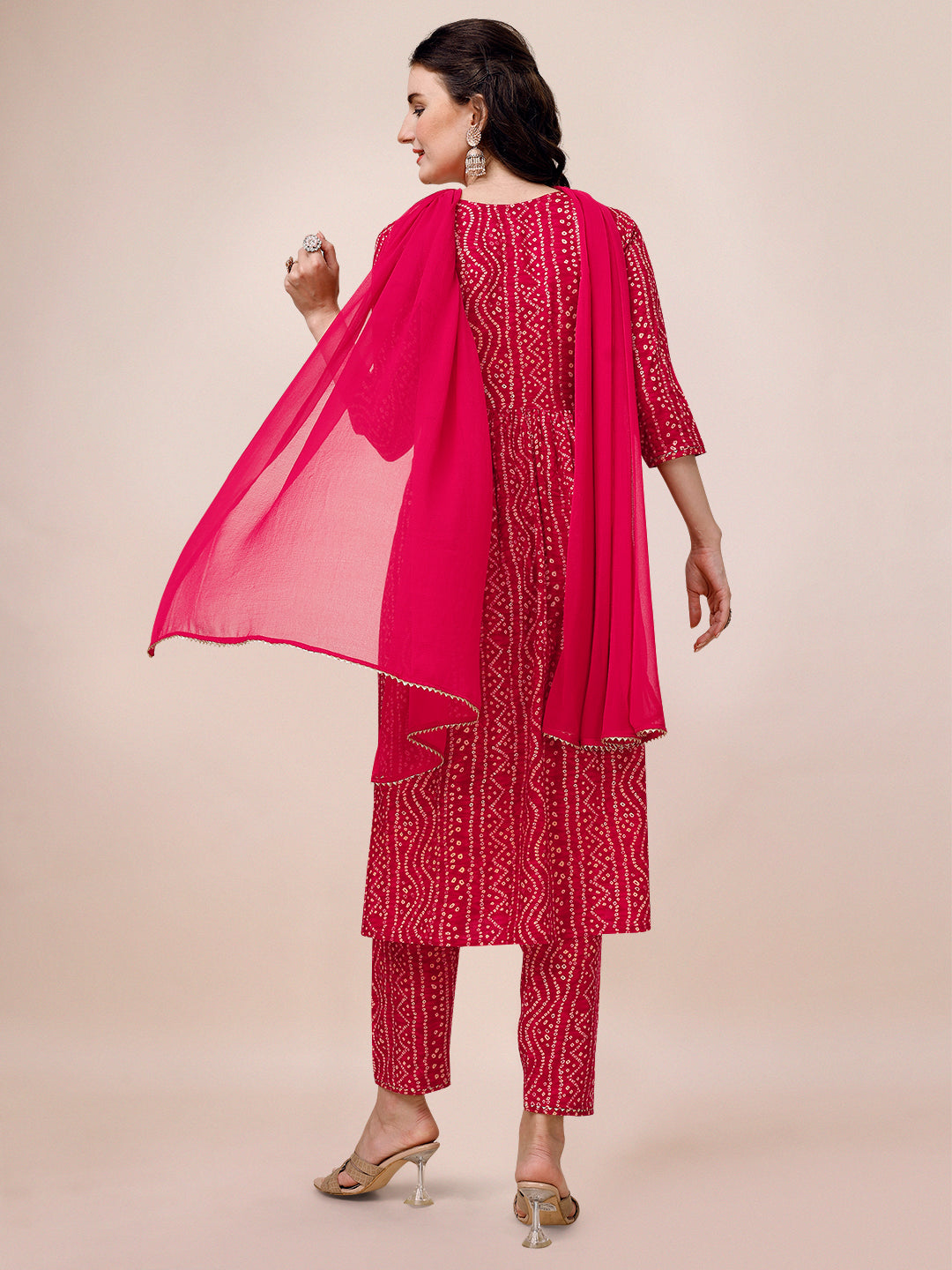 Bandhani Printed & Embroidered Kurta With Pant & Dupatta Set, Multicolor - Hiral Fashion