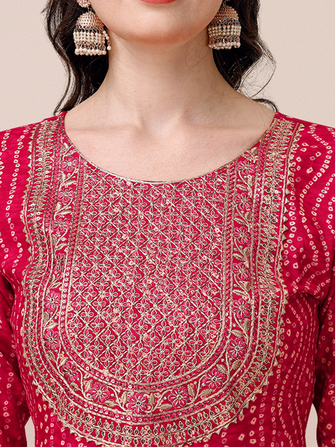 Bandhani Printed & Embroidered Kurta With Pant & Dupatta Set, Multicolor - Hiral Fashion