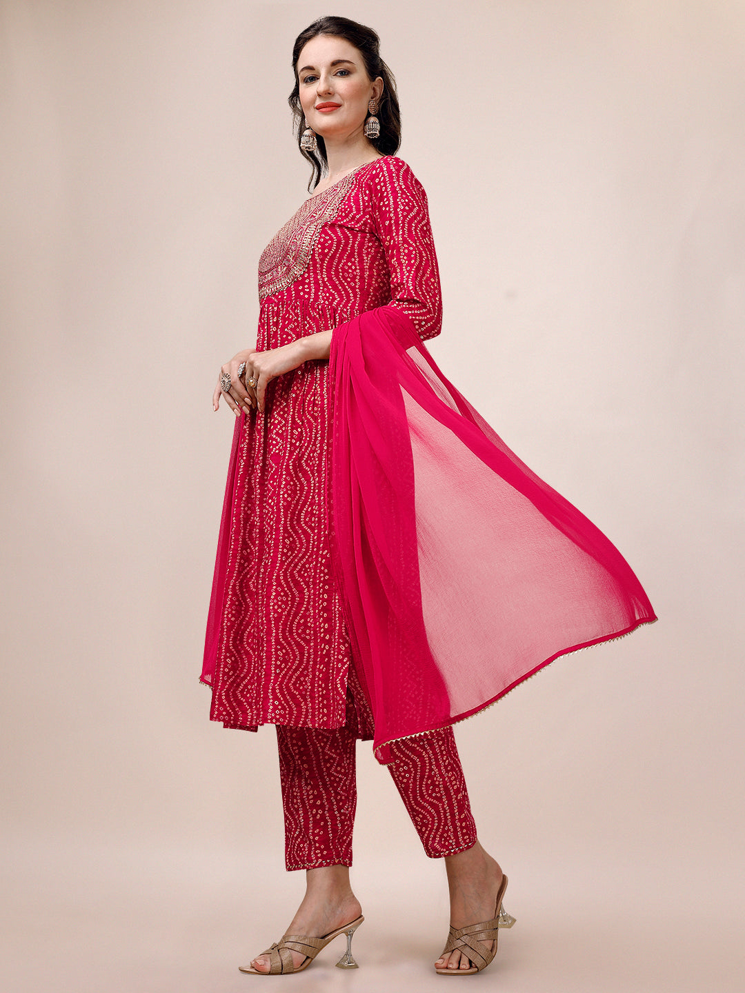 Bandhani Printed & Embroidered Kurta With Pant & Dupatta Set, Multicolor - Hiral Fashion