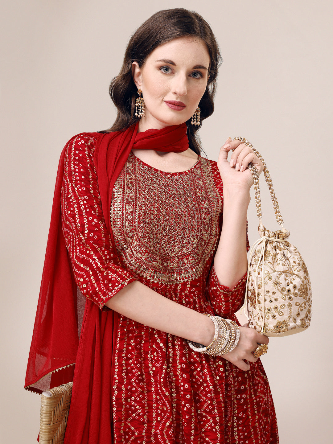 Bandhani Printed & Embroidered Kurta With Pant & Dupatta Set, Multicolor - Hiral Fashion