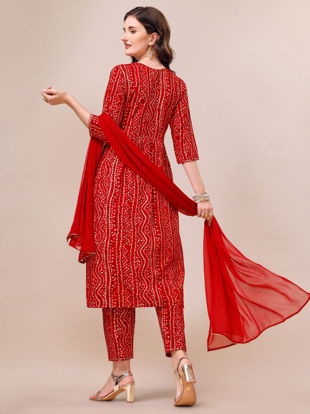 Bandhani Printed & Embroidered Kurta With Pant & Dupatta Set, Multicolor - Hiral Fashion