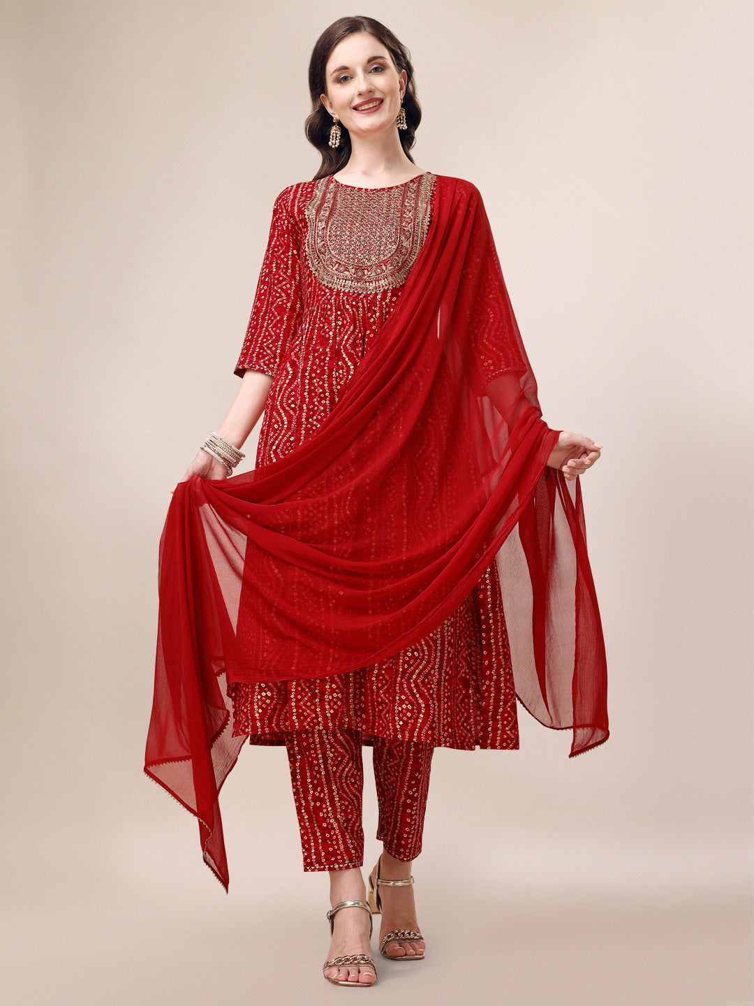 Bandhani Printed & Embroidered Kurta With Pant & Dupatta Set, Multicolor - Hiral Fashion