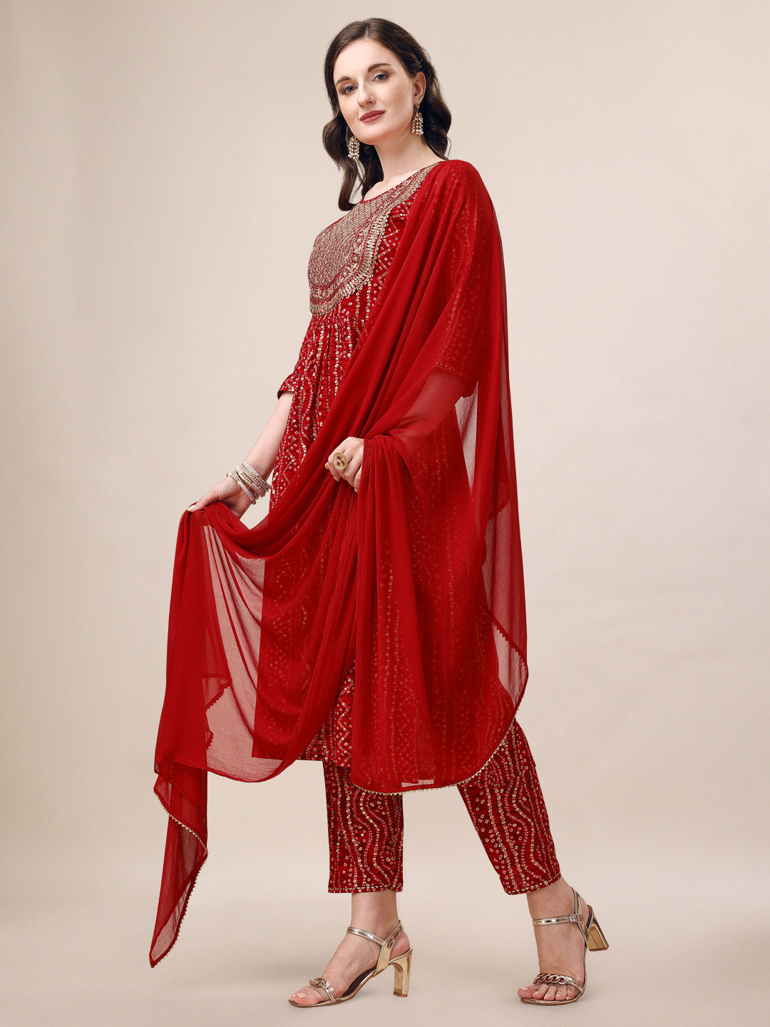 Bandhani Printed & Embroidered Kurta With Pant & Dupatta Set, Multicolor - Hiral Fashion