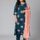 Janasya Women's Teal Poly Crepe A-Line Party Kurta Set | Swadesiicart