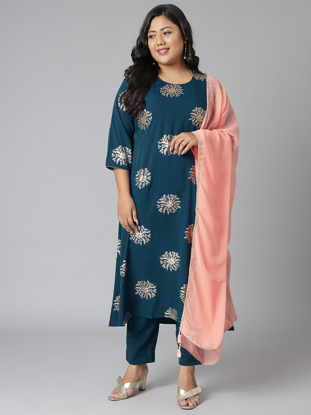 Janasya Women's Teal Poly Crepe A-Line Party Kurta Set | Swadesiicart
