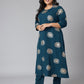 Janasya Women's Teal Poly Crepe A-Line Party Kurta Set | Swadesiicart