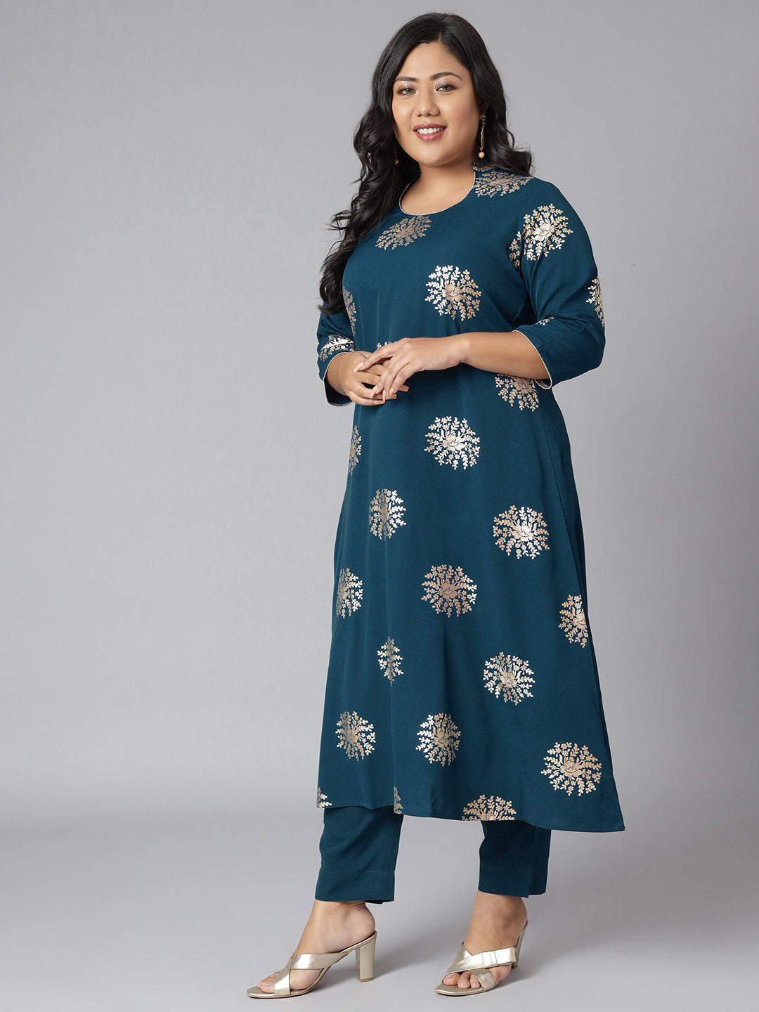 Janasya Women's Teal Poly Crepe A-Line Party Kurta Set | Swadesiicart