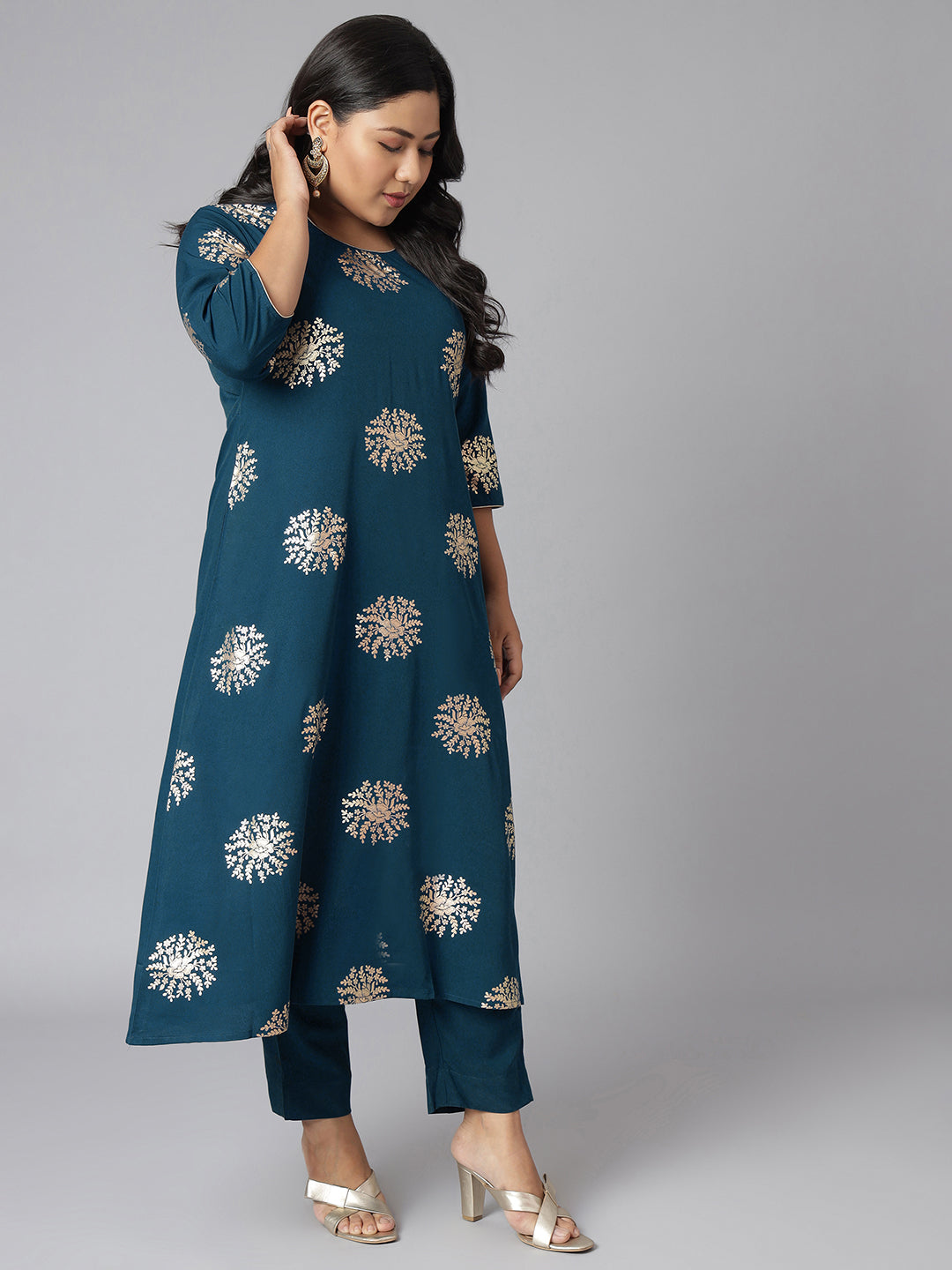 Janasya Women's Teal Poly Crepe A-Line Party Kurta Set | Swadesiicart