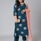 Janasya Women's Teal Poly Crepe A-Line Party Kurta Set | Swadesiicart