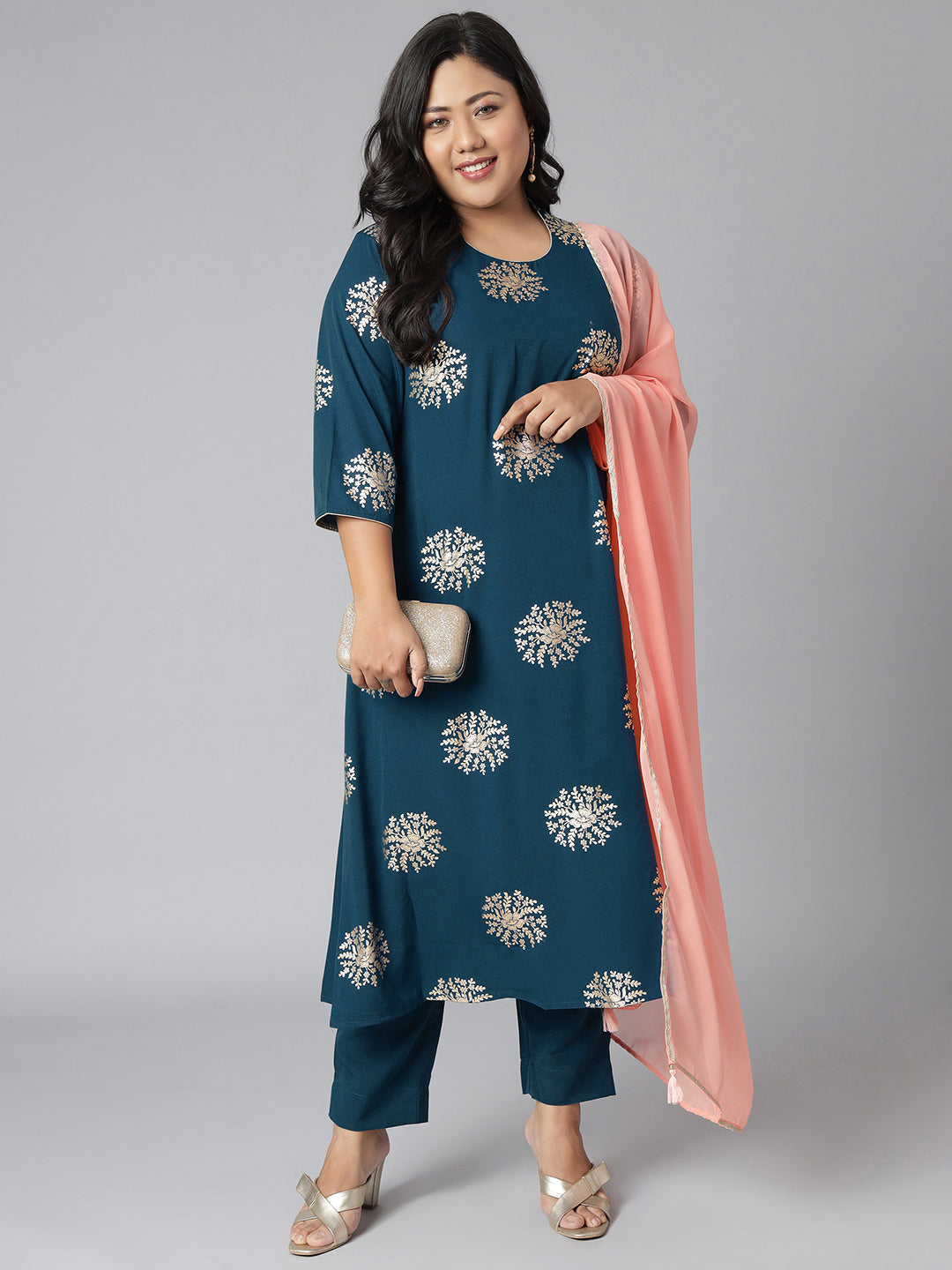Janasya Women's Teal Poly Crepe A-Line Party Kurta Set | Swadesiicart