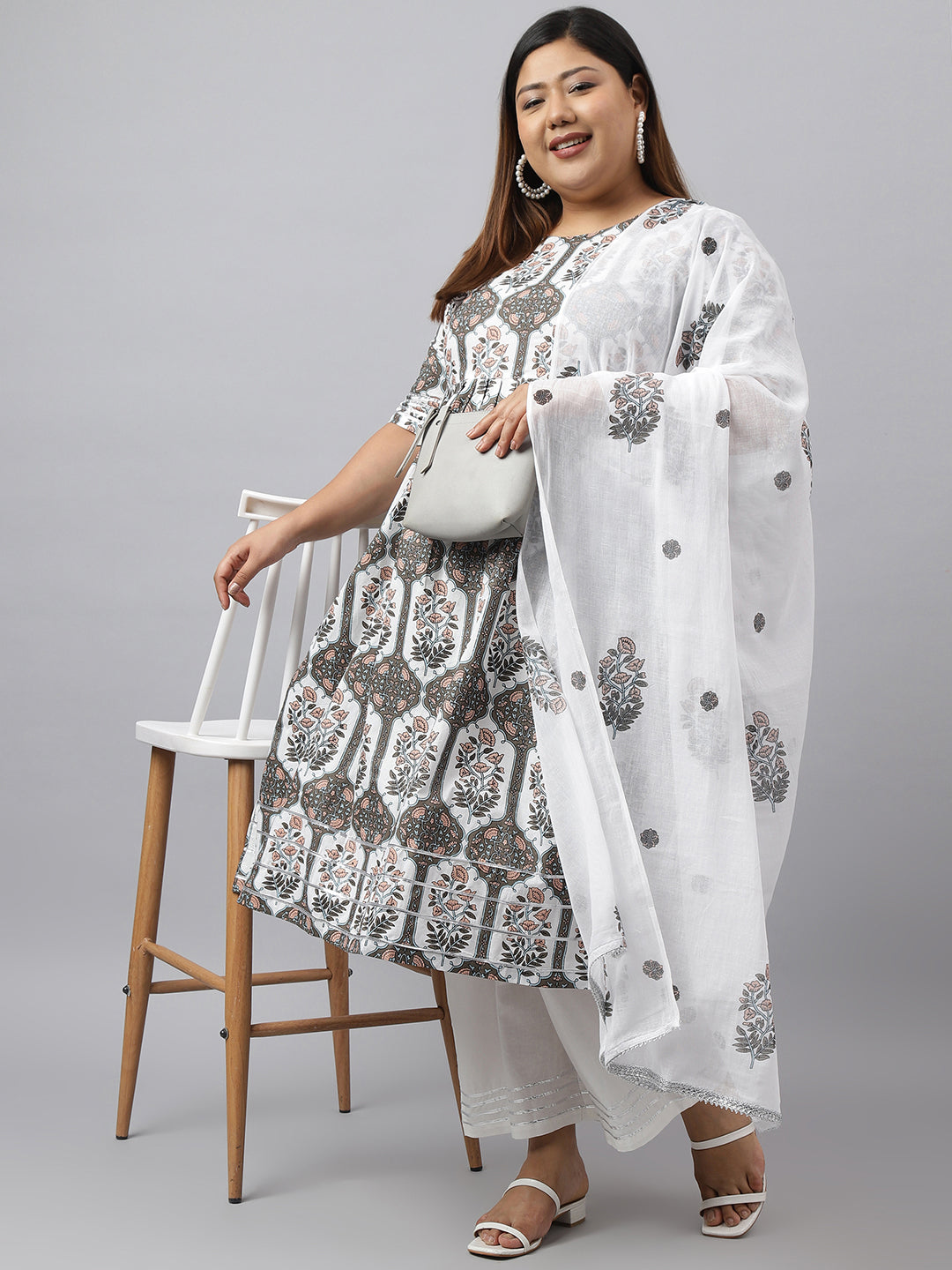 Janasya Women's White Cotton Flared Casual Kurta Set | Swadesiicart