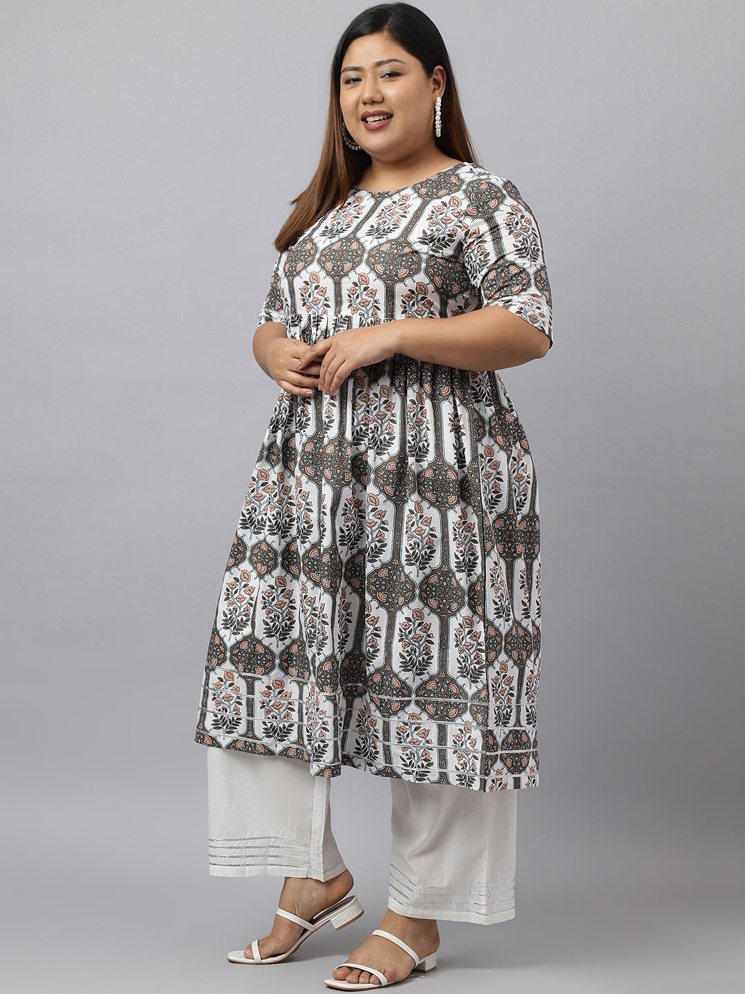 Janasya Women's White Cotton Flared Casual Kurta Set | Swadesiicart