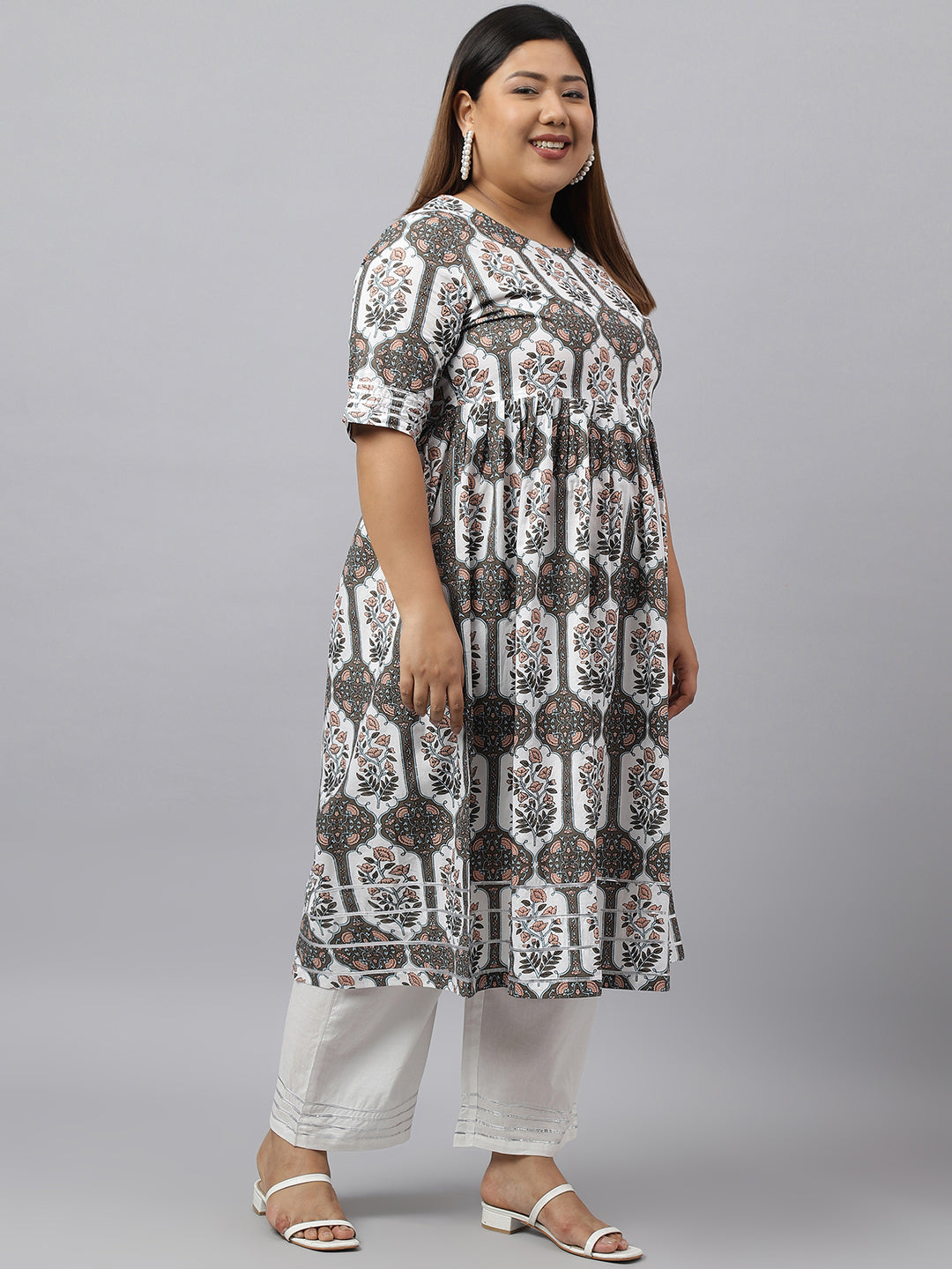 Janasya Women's White Cotton Flared Casual Kurta Set | Swadesiicart