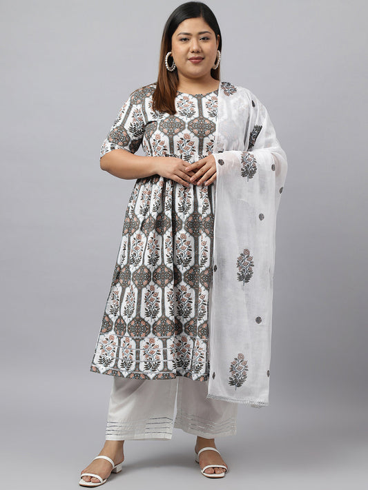 Janasya Women's White Cotton Flared Casual Kurta Set | Swadesiicart