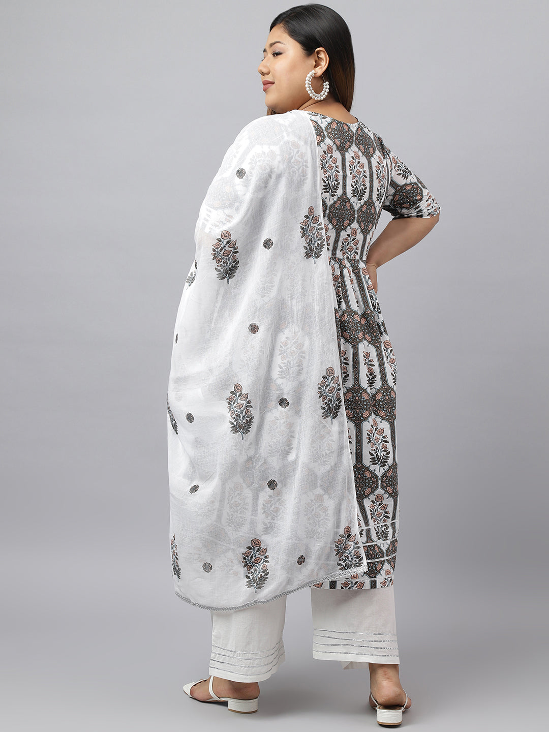 Janasya Women's White Cotton Flared Casual Kurta Set | Swadesiicart