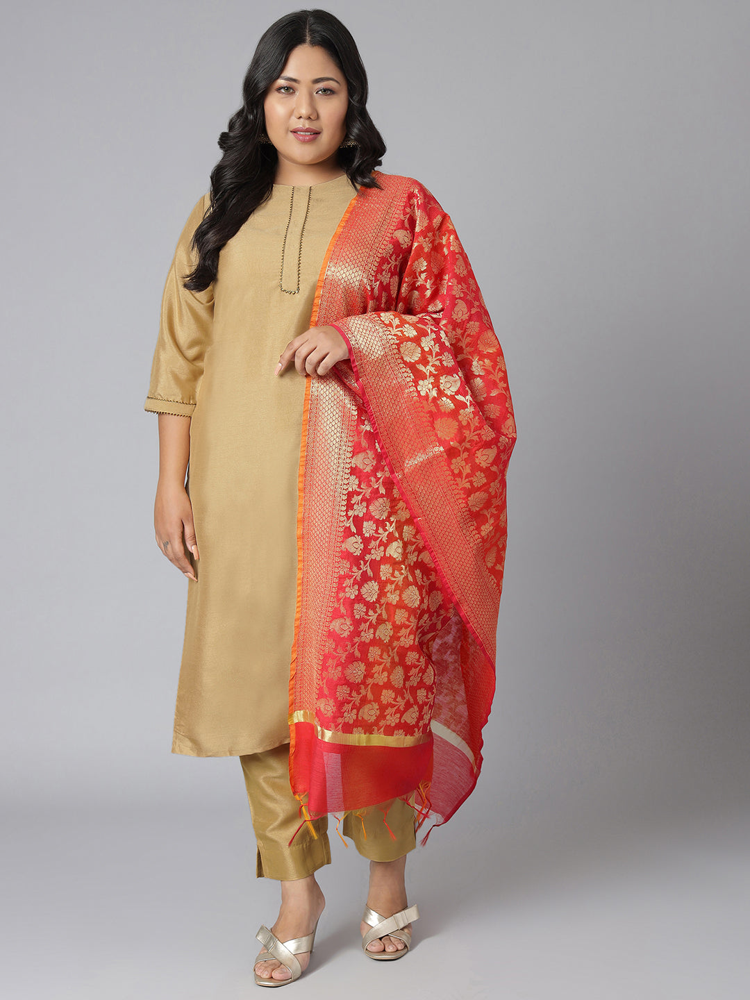 Janasya Women's Gold Poly Silk Straight Festive Kurta Set | Swadesiicart