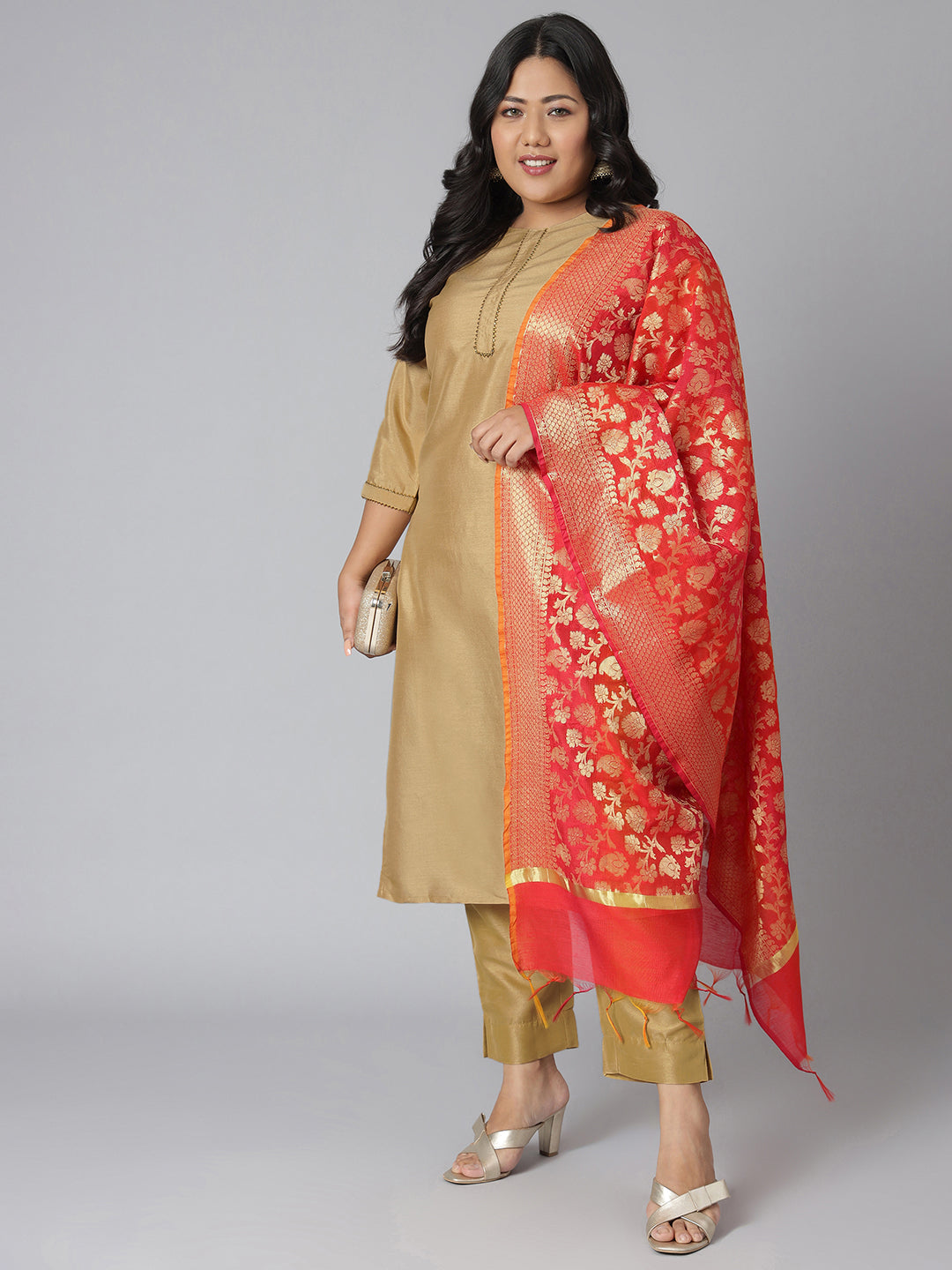 Janasya Women's Gold Poly Silk Straight Festive Kurta Set | Swadesiicart