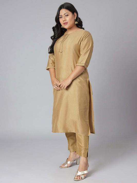 Janasya Women's Gold Poly Silk Straight Festive Kurta Set | Swadesiicart