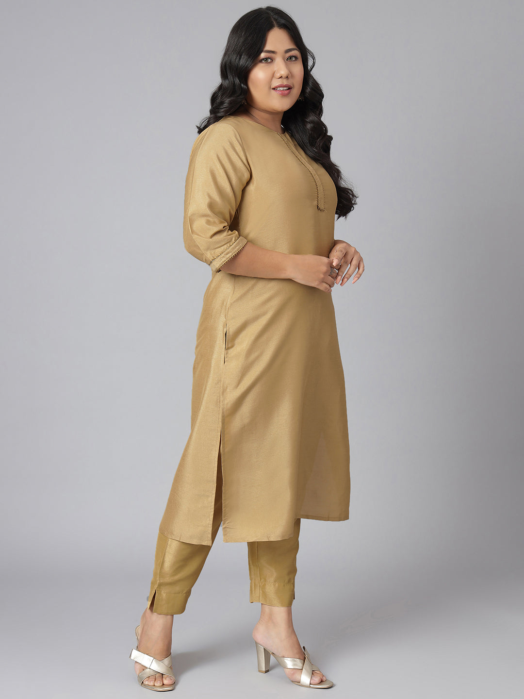 Janasya Women's Gold Poly Silk Straight Festive Kurta Set | Swadesiicart