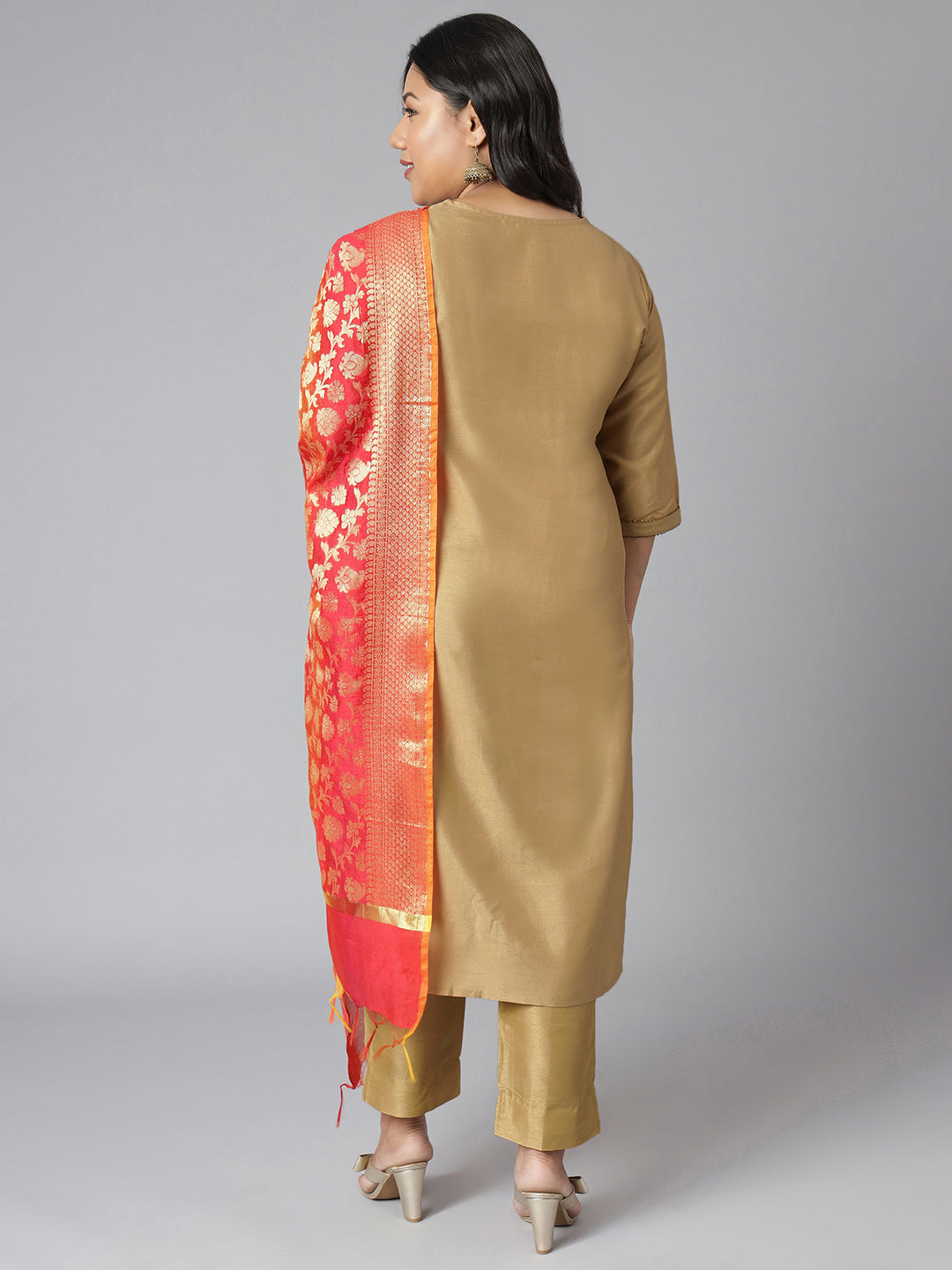 Janasya Women's Gold Poly Silk Straight Festive Kurta Set | Swadesiicart