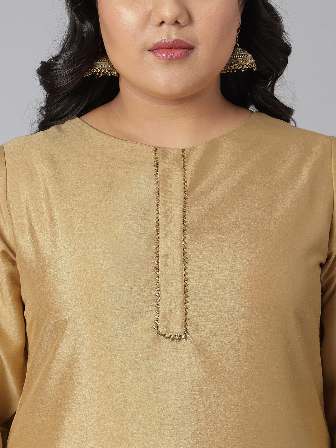 Janasya Women's Gold Poly Silk Straight Festive Kurta Set | Swadesiicart