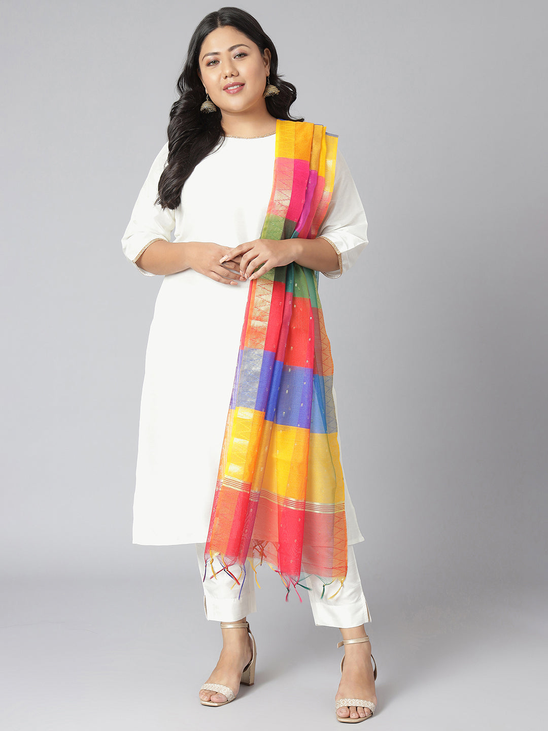 Janasya Women's Off-White Poly Silk Straight Festive Kurta Set | Swadesiicart
