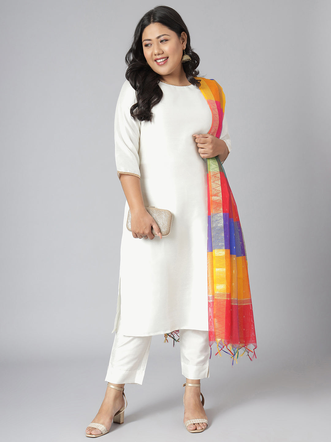 Janasya Women's Off-White Poly Silk Straight Festive Kurta Set | Swadesiicart