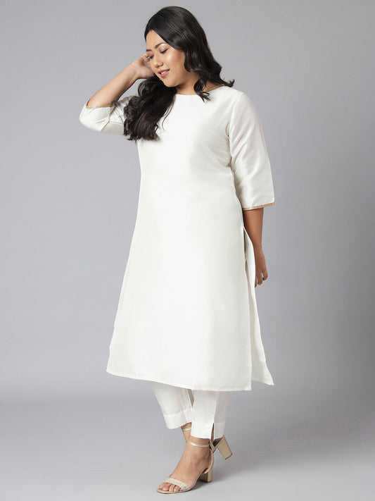 Janasya Women's Off-White Poly Silk Straight Festive Kurta Set | Swadesiicart