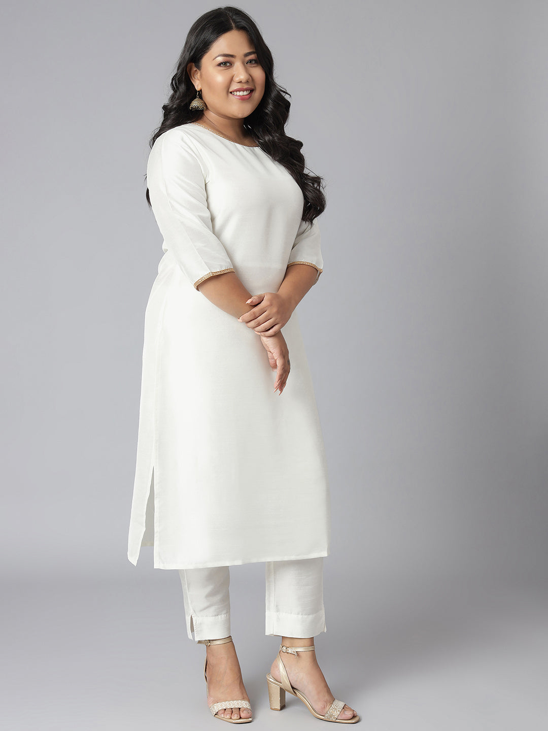 Janasya Women's Off-White Poly Silk Straight Festive Kurta Set | Swadesiicart